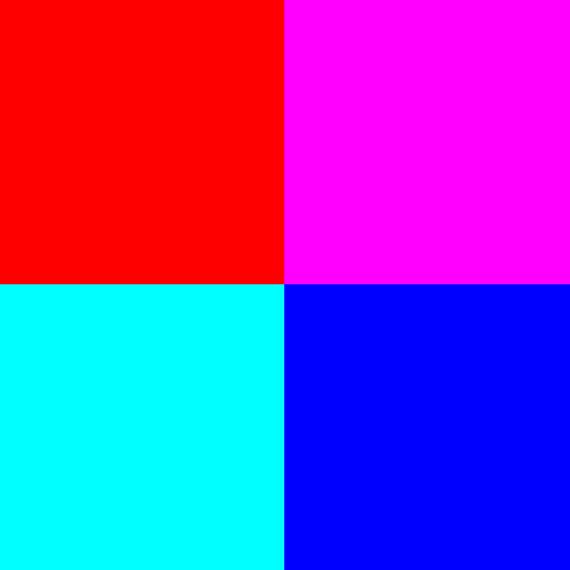 image divided into four even quadrants colored red, magenta, cyan, and blue