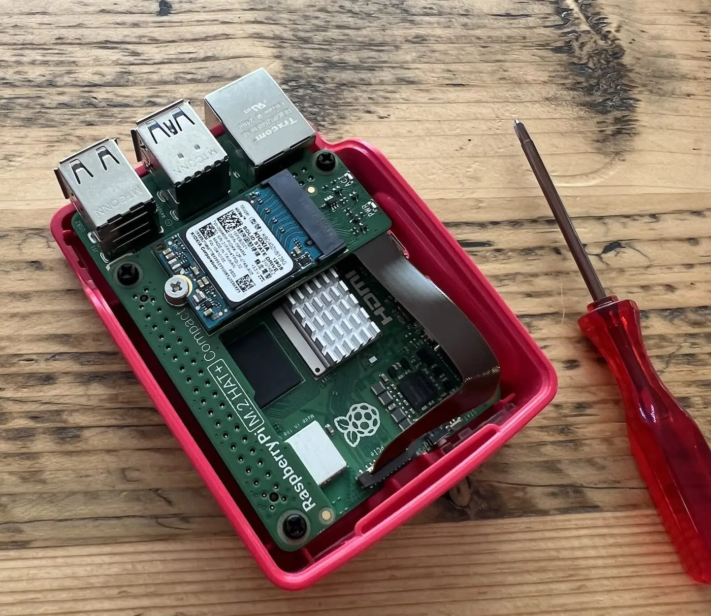 raspberry pi with M.2 HAT and NVMe SSD attached