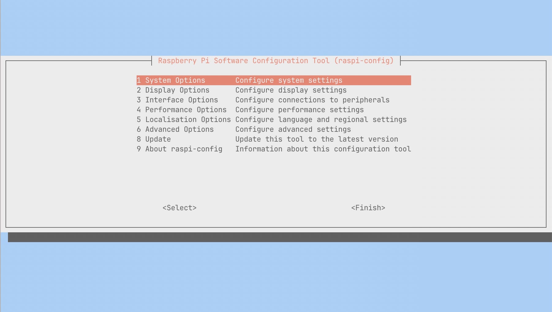 command line program titled "Raspberry Pi Software Configuration Tool" with a list of options like system, display, interface, etc
