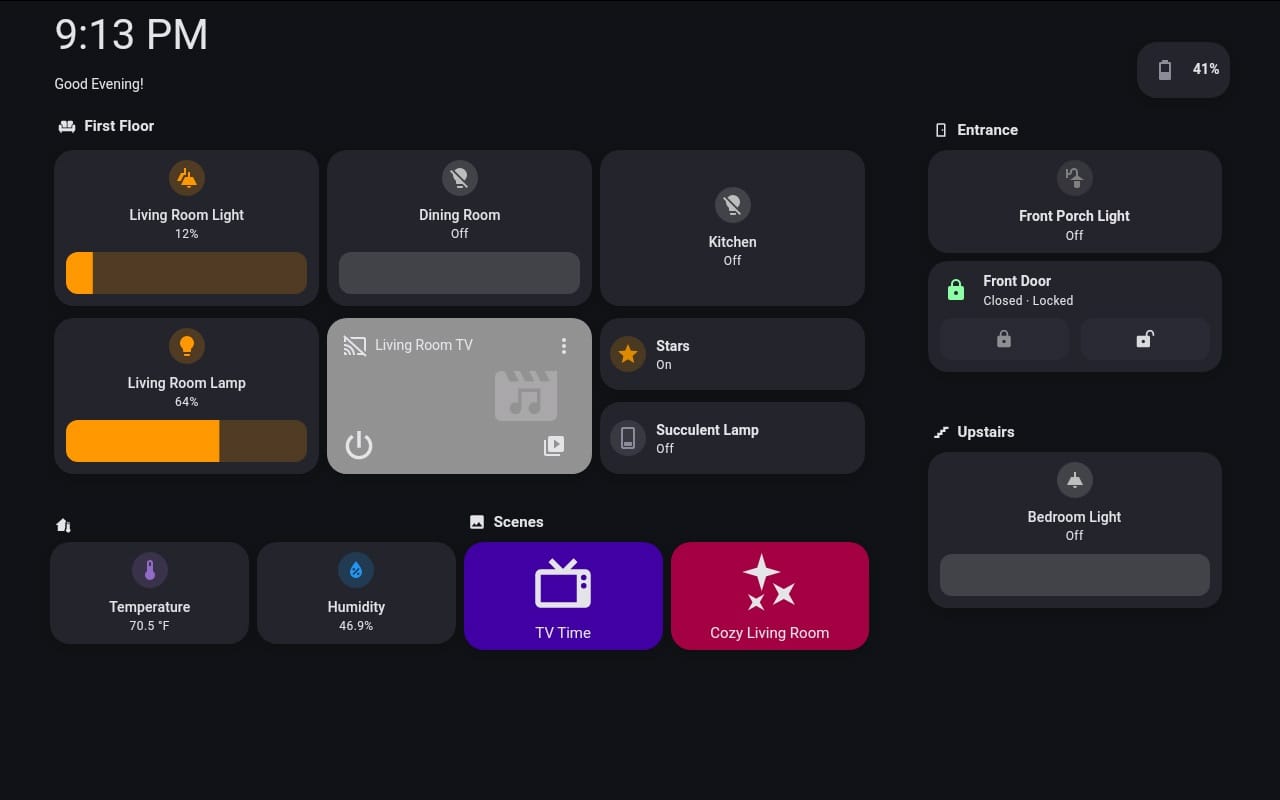 home assistant dashboard showing controls for 3-4 lights, temperature guages, and buttons