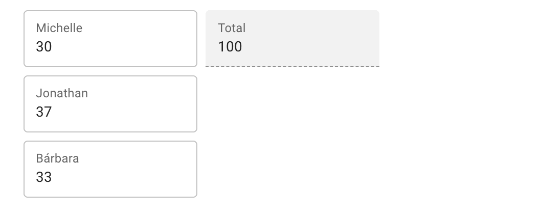 screenshot of 3 text inputs with numbers which all add up to 100