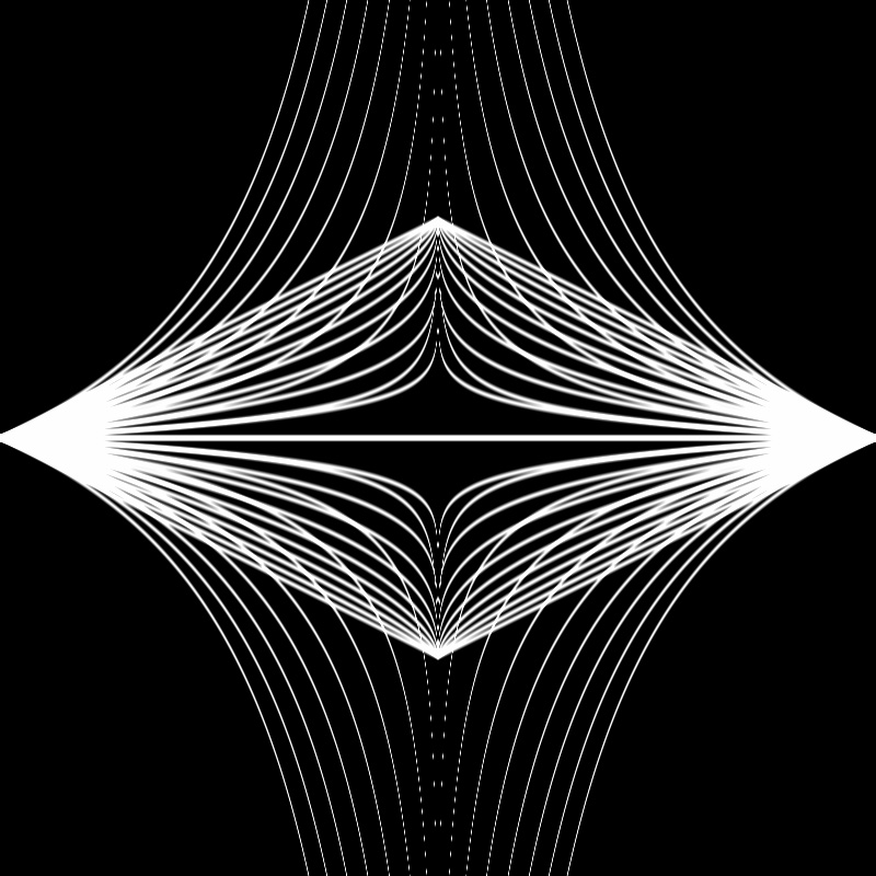 white lines on black, in a curved diamond-like shape