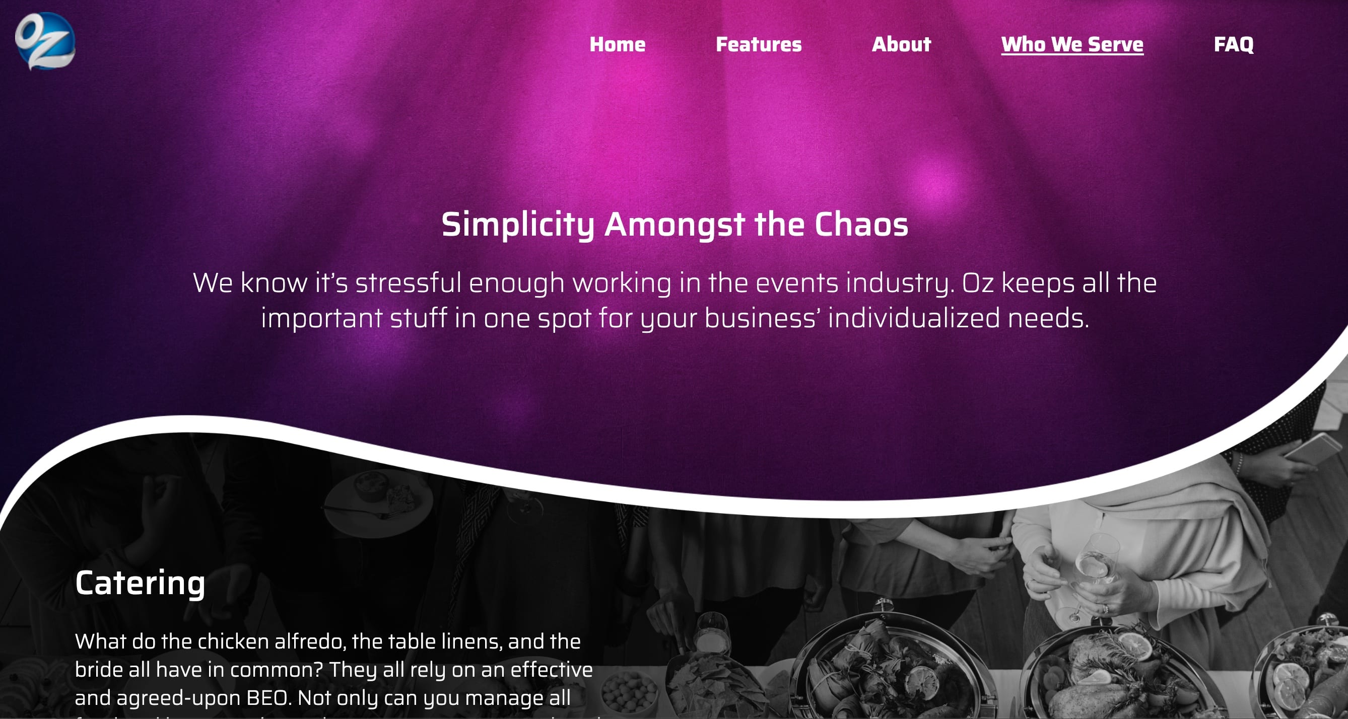 Screenshot of site homepage. There is a purple wave image across the top.