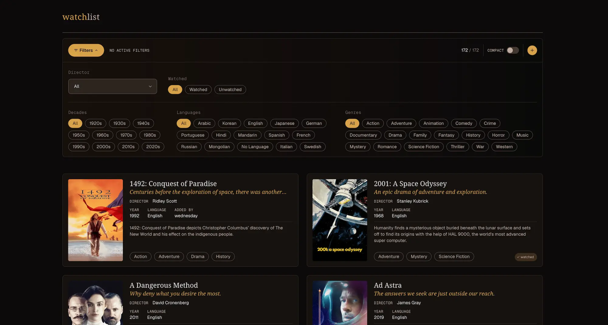 screenshot of watchlist app with list of movies and filtering options